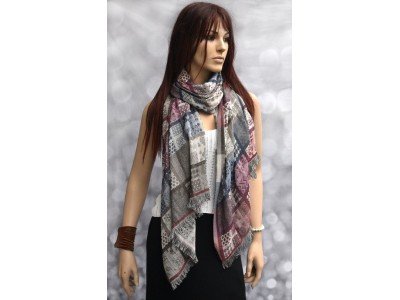 Katoenen sjaaltje met blokken, taupe, blauw, bordeaux en paars