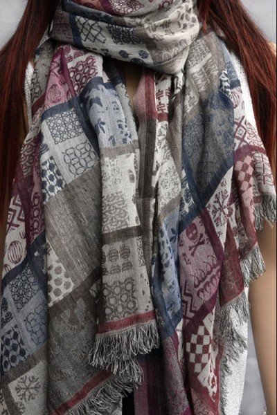 Katoenen sjaaltje met blokken, taupe, blauw, bordeaux en paars