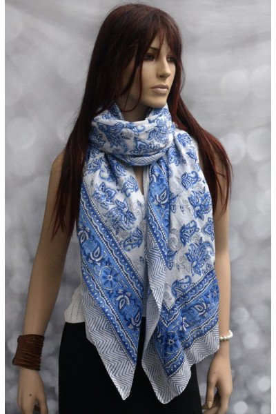 Katoenen sjaal of pareo met originele blockprint, blauw en wit