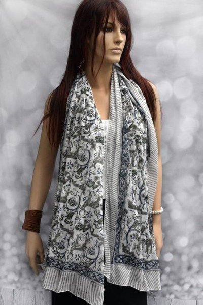 Katoenen sjaaltje met originele blockprint, blauw, groen, zwart, wit