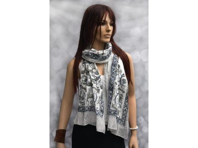 Katoenen sjaaltje met originele blockprint, blauw, groen, zwart, wit