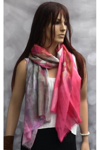 Katoenen sjaaltje met zijde, roze, abstract motief