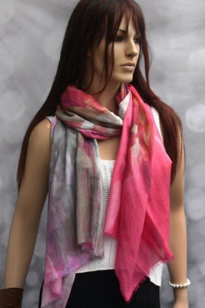 Katoenen sjaaltje met zijde, roze, abstract motief