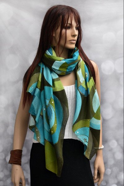 Sjaal of pareo, turquoise, groen en andere kleuren, geometrische figuren en bollen