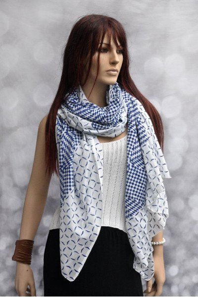 Katoenen sjaal of pareo, blauw en wit, origineel blockprint