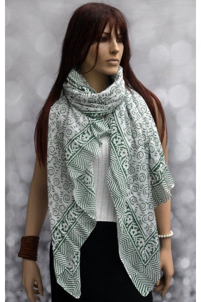 Katoenen sjaal of pareo met originele blockprint, wit en groen