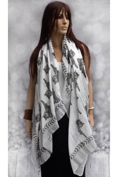 Katoenen sjaal of pareo met originele blockprint tijger, grijs en wit