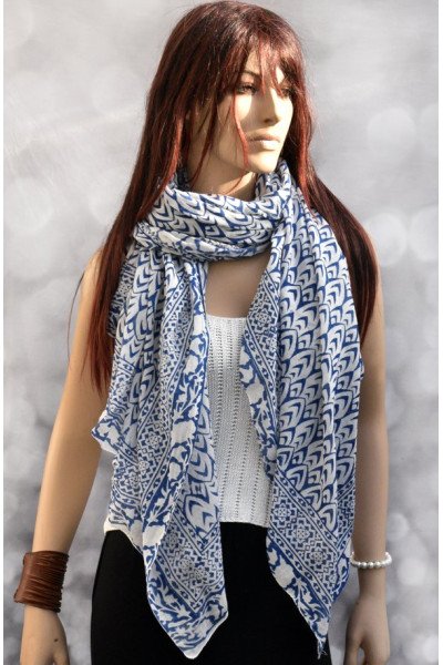 Katoenen sjaal of pareo, blauw en wit, originele blockprint