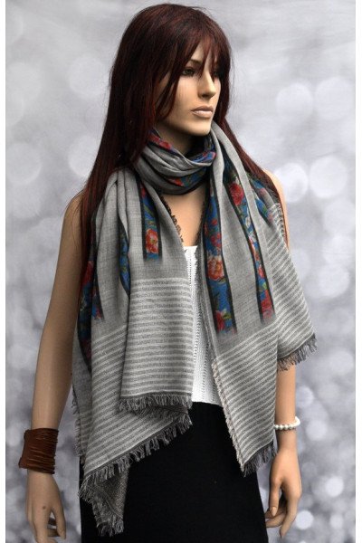 Chique grijze katoenen sjaal met onderaan glitterstrepen