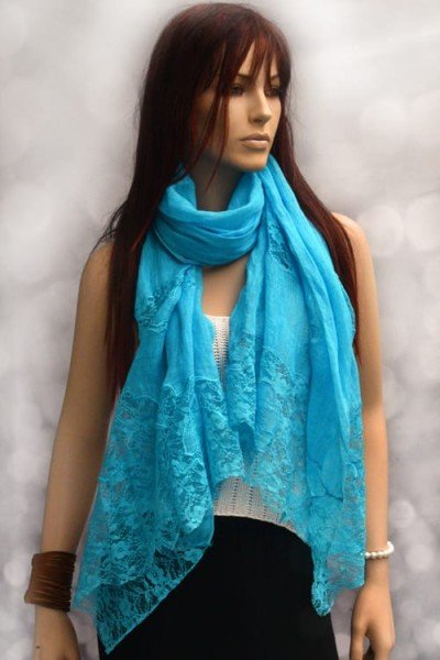 Linnen sjaaltje met kant, turquoise
