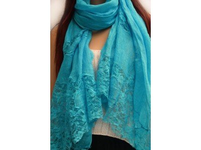 Linnen sjaaltje met kant, turquoise