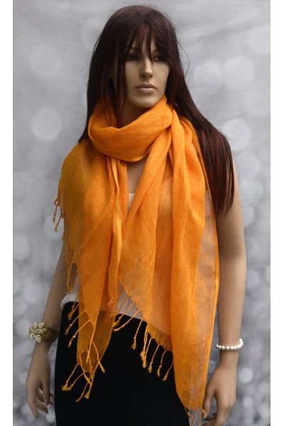 Effen geel oranje of saffraan linnen sjaal met franjes