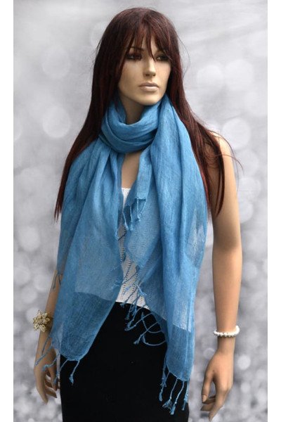 Effen linnen sjaal met franjes, blauw