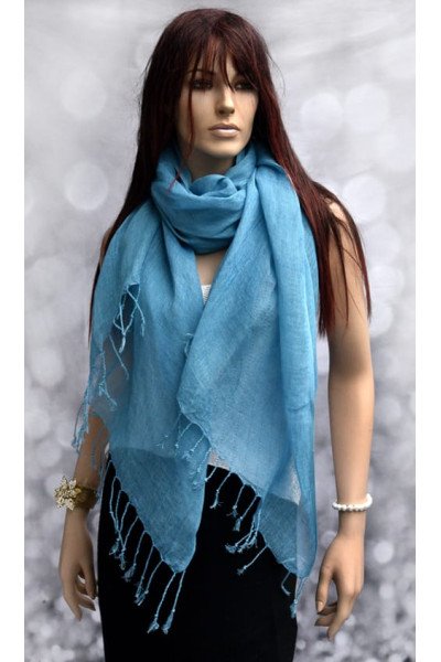 Lichtblauwe effen linnen sjaal met franjes