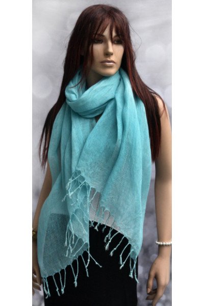 Helder lichtblauwe linnen sjaal met franjes