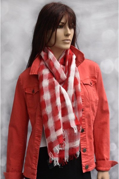 Casual rood wit geblokt lente of zomer sjaaltje, linnen en katoen