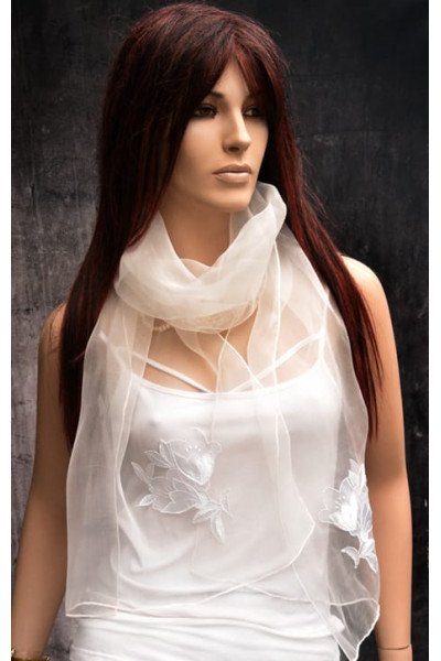 Elegante witte echte zijden sjaal van organza met applicaties van een bloem