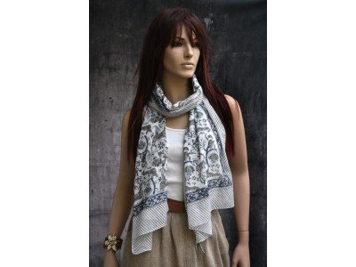 Katoenen sjaaltje met originele blockprint, blauw, groen, zwart, wit