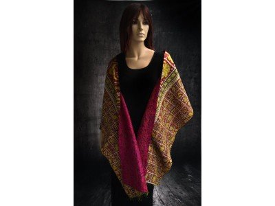 Zijden vintage kantha sjaal, geel, rood en fuchsia