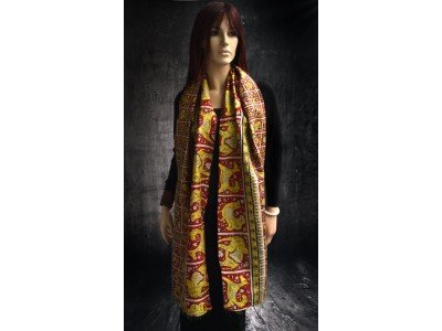 Zijden vintage kantha sjaal, geel, rood en fuchsia