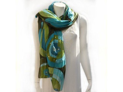 Sjaal of pareo, turquoise, groen en andere kleuren, geometrische figuren en bollen