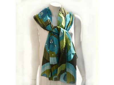 Sjaal of pareo, turquoise, groen en andere kleuren, geometrische figuren en bollen