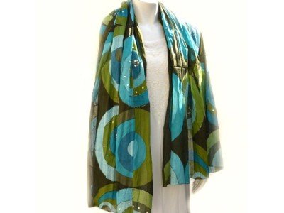 Sjaal of pareo, turquoise, groen en andere kleuren, geometrische figuren en bollen