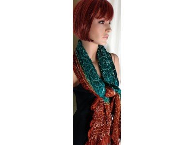 Zijden tie and dye sjaal of stola, petrol, roodbruin